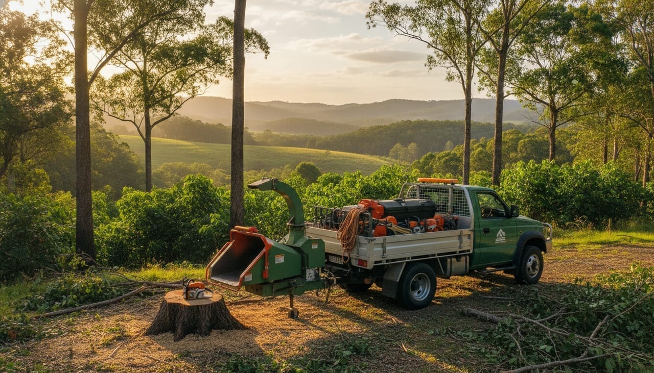 Dandenong Ranges Arborist work truck and wood chipper on site in the Dandenong Ranges